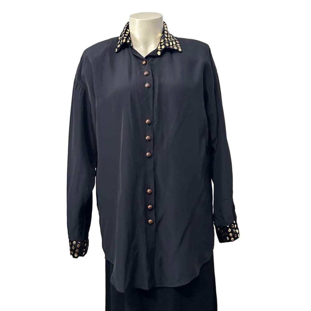 Judy Knapp Black Velvet Polka Dot Trim Button Down Shirt Size M